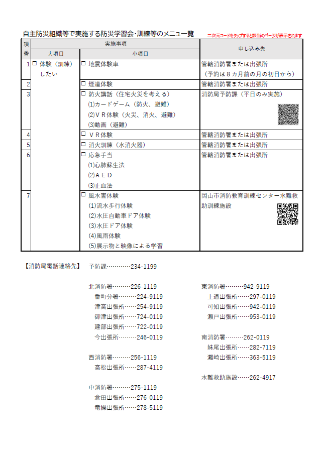 自主防災組織等で実施する防災学習会・訓練等のメニュ一覧 （消防局関係）