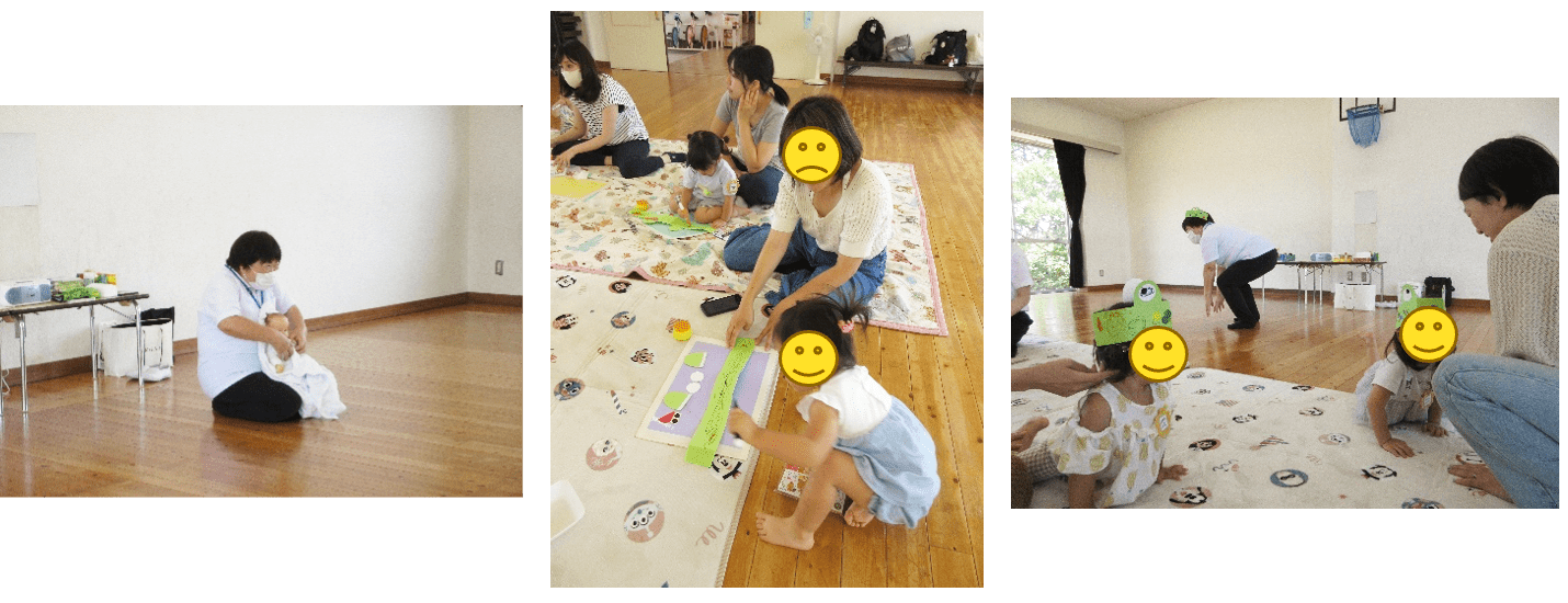 左:ふれあい遊びをする先生、中央:かえるの帽子を作る園児たち、右:かえるの帽子で遊ぶ園児たち