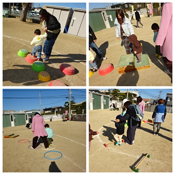 飛び石・階段ハードルなどに挑戦する子どもたち