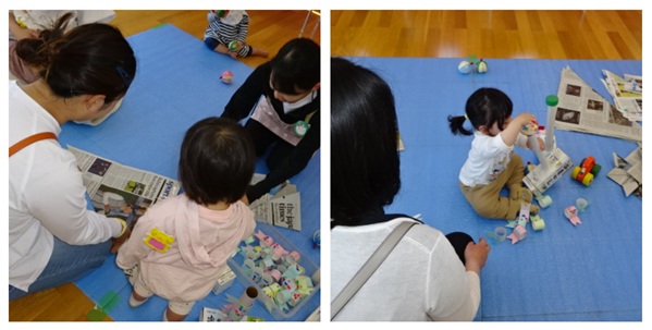 兜を作ったり,つみつみこいのぼりで遊んだりしている子どもたち