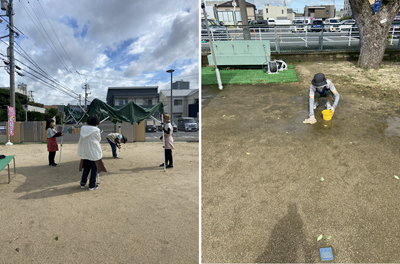 地面の水を吸わせたり，テントを立てたりして準備を進めるスタッフ。
