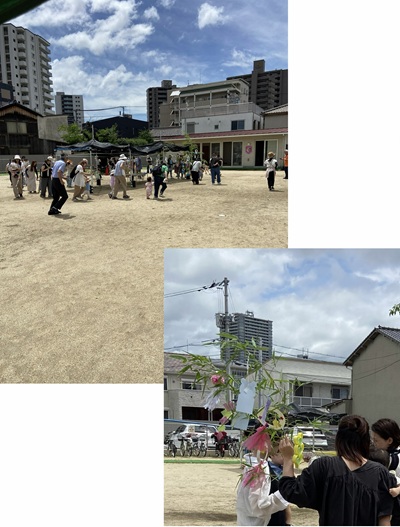 歌に合わせて，みんなで体を動かしている様子