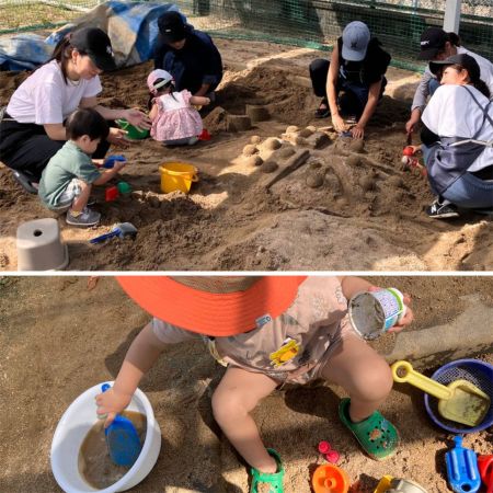 砂場にも水を入れて泥んこ遊び