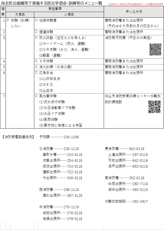 防災学習会、訓練等のメニュー一覧（消防局）